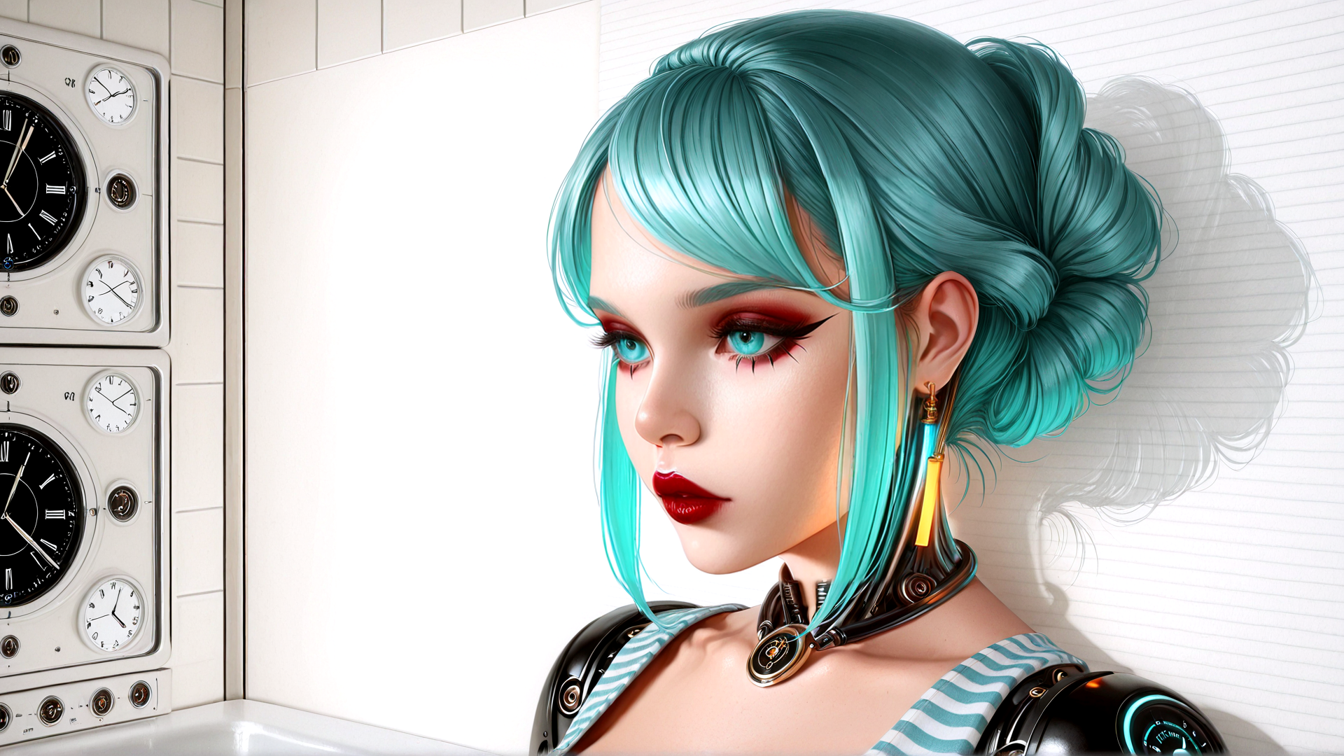 AI generated wallpaper featuring cyborg, woman, clock, hair, earring, choker