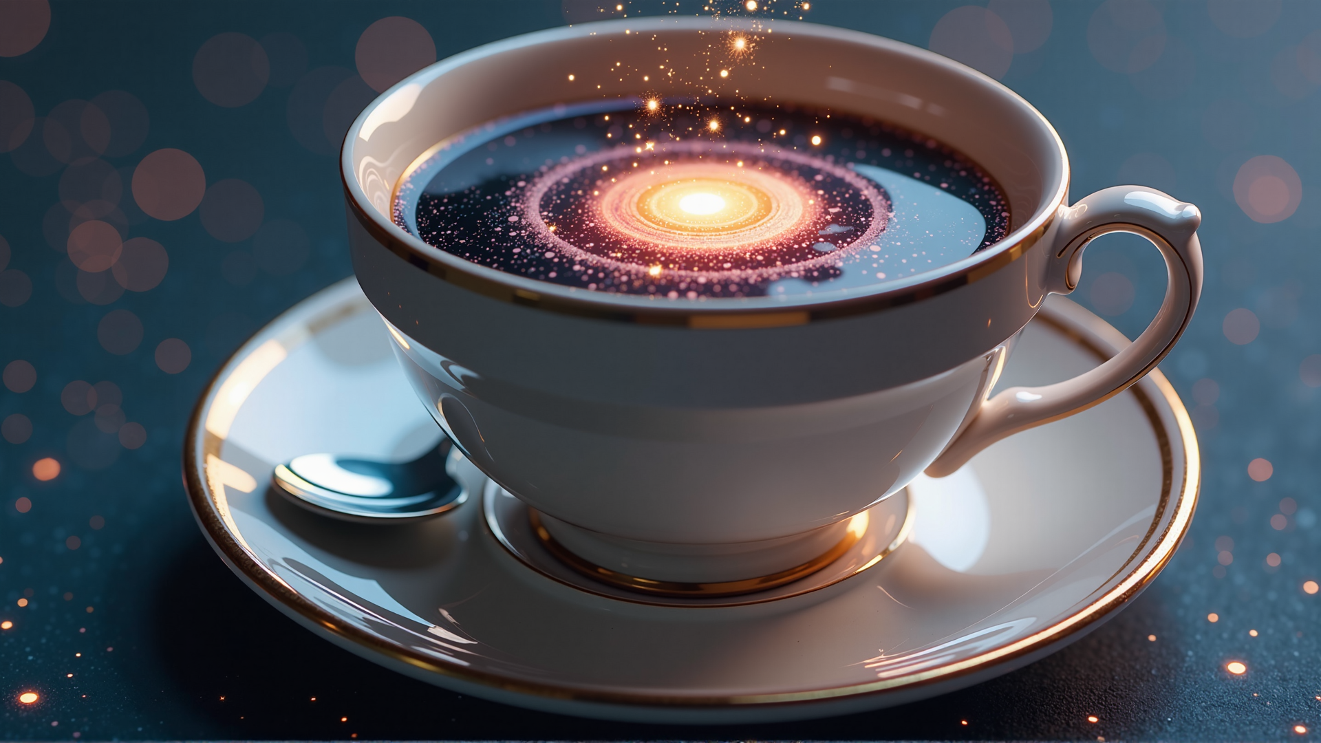 AI generated wallpaper featuring cup, saucer, spoon, galaxy, stars