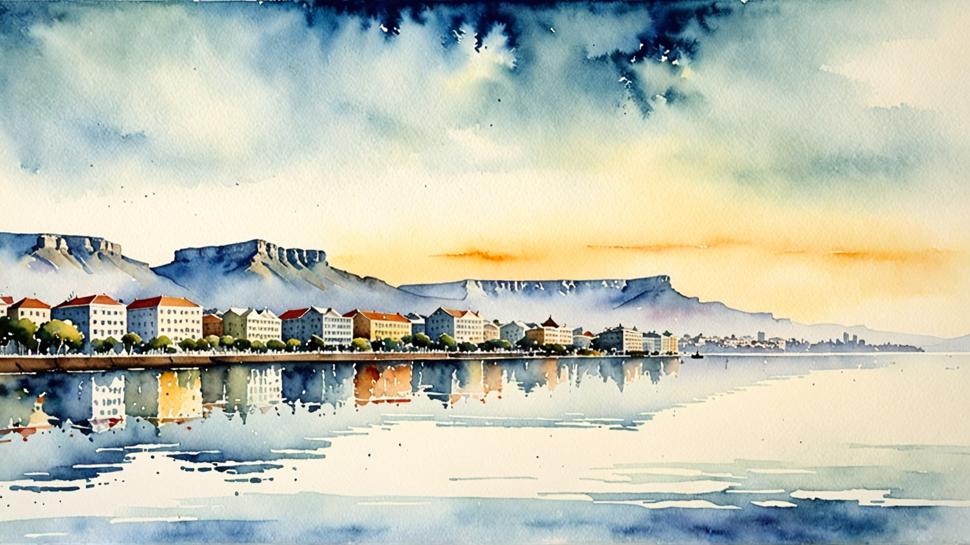 AI generated wallpaper featuring city, mountains, water, buildings, reflection, sky, trees