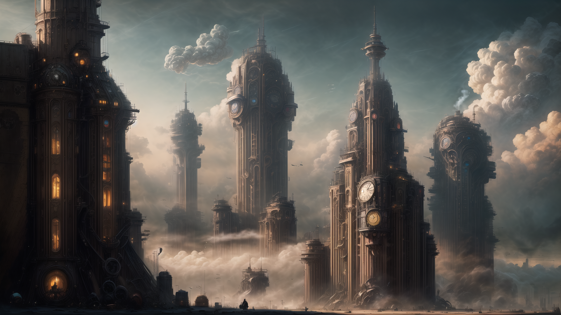 AI generated wallpaper featuring clock towers, steampunk buildings, cityscape