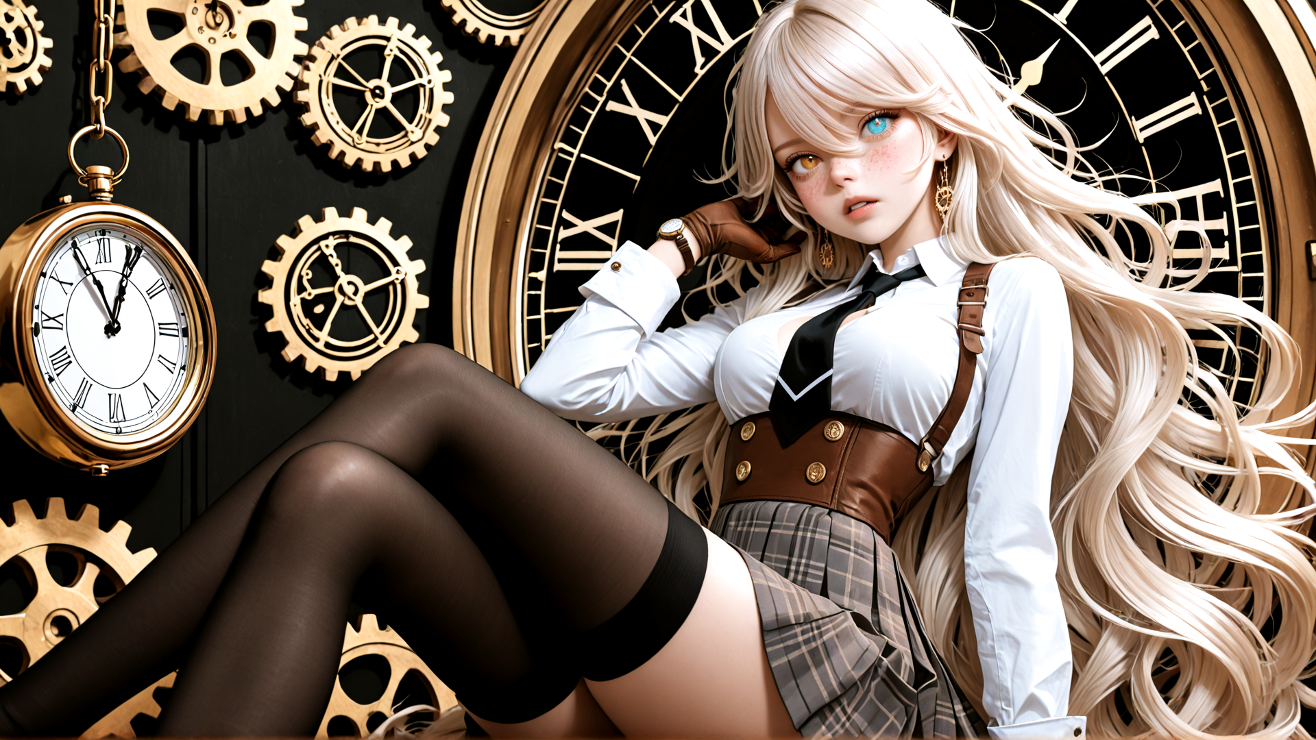 AI generated wallpaper featuring girl, clock, gears, watch, suspender, skirt, gloves, blouse, tights, hanging