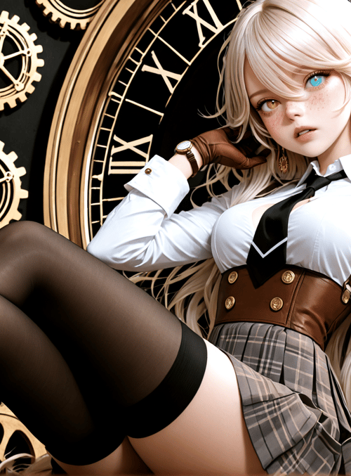 girl, clock, gears, watch, suspender, skirt, gloves, blouse, tights, hanging