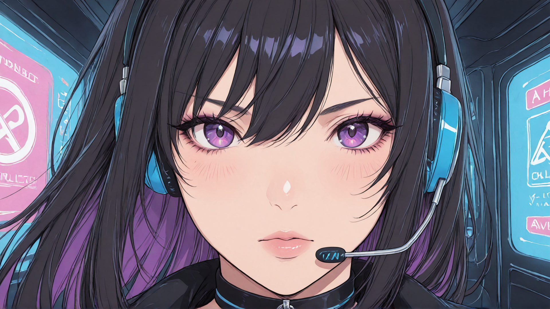 AI generated wallpaper featuring girl, headphones, headset, microphone, hair, face