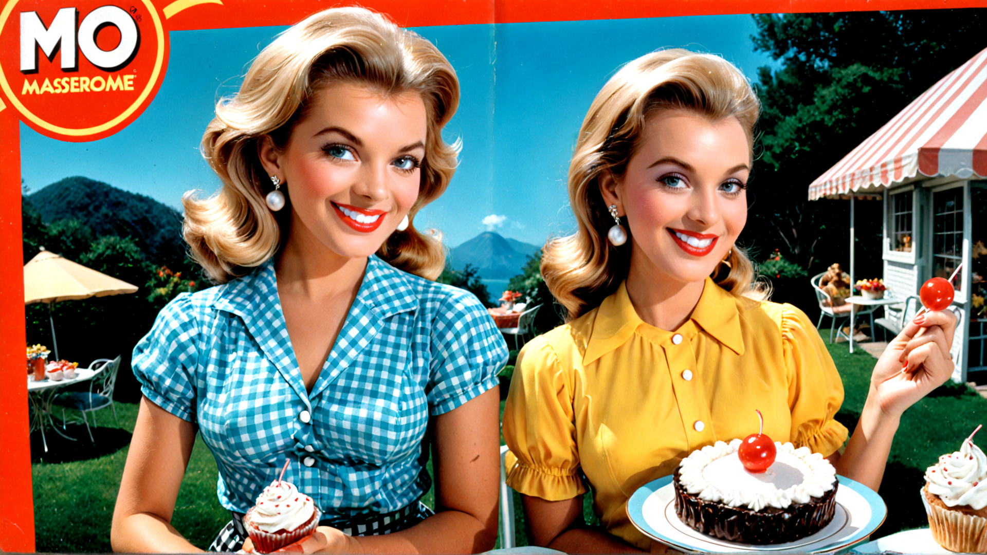 AI generated wallpaper featuring women, cupcake, cake, cherry, dress, umbrella, table, landscape, mountain, sun