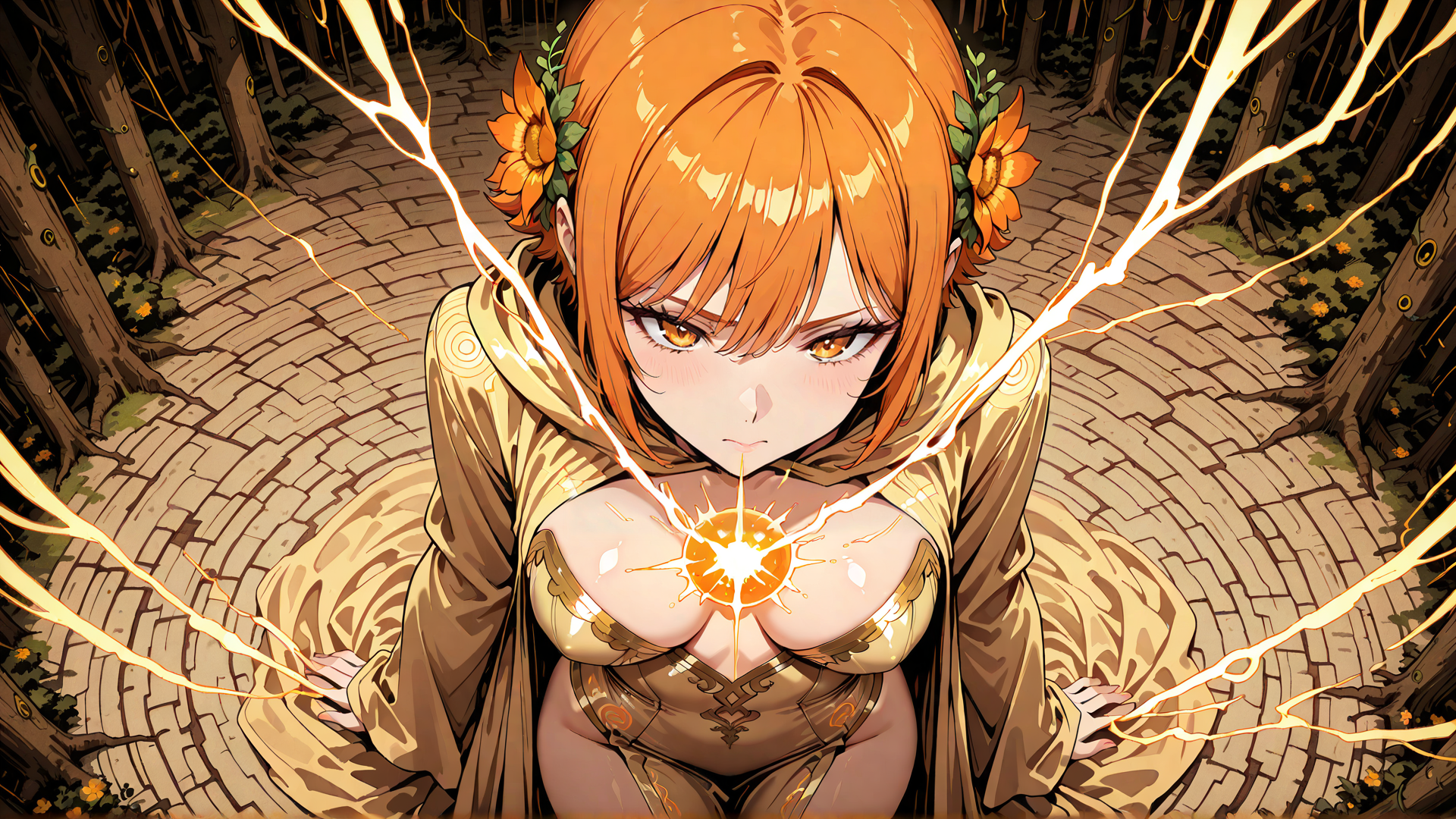 AI generated wallpaper featuring anime girl, sunflower, forest path, electricity, hooded cloak