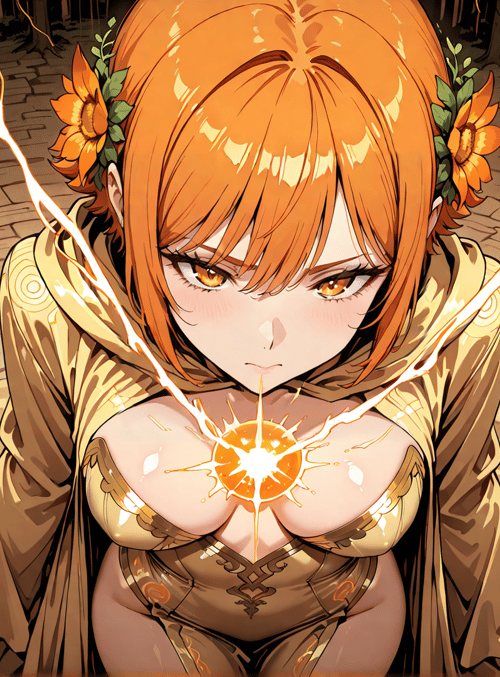 anime girl, sunflower, forest path, electricity, hooded cloak