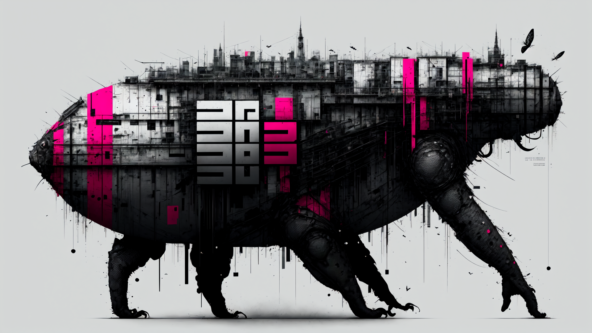 AI generated wallpaper featuring animal, cityscape, giant, building, creature, structure