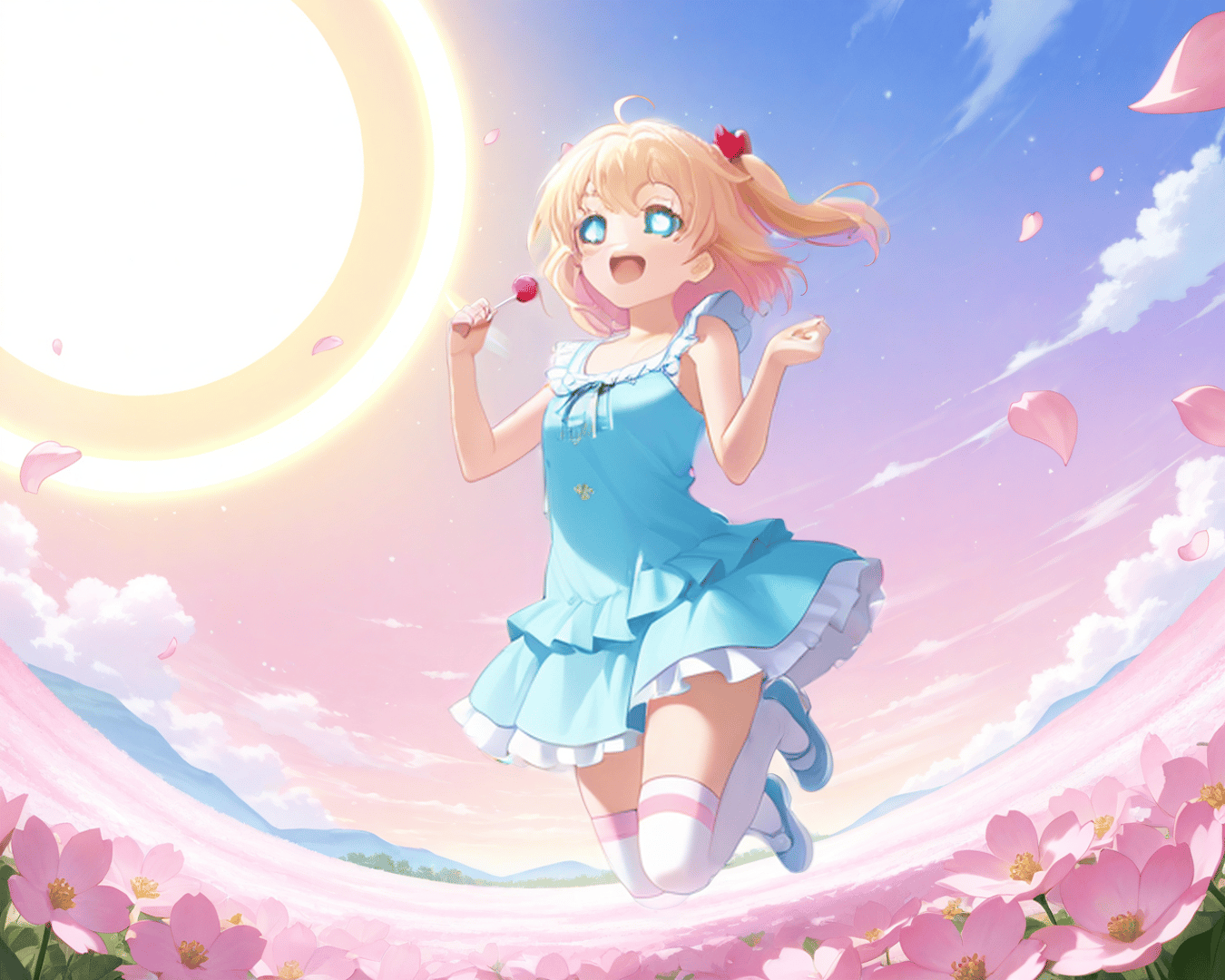 AI generated wallpaper featuring girl, lollipop, flowers