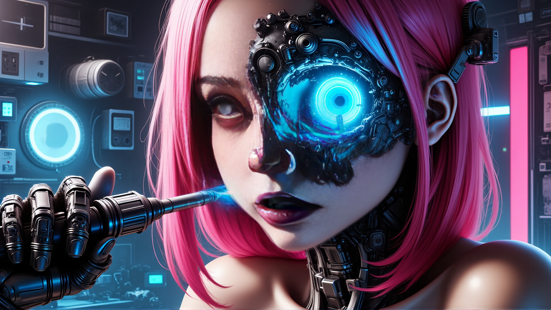AI generated wallpaper featuring cyborg, woman, gadget