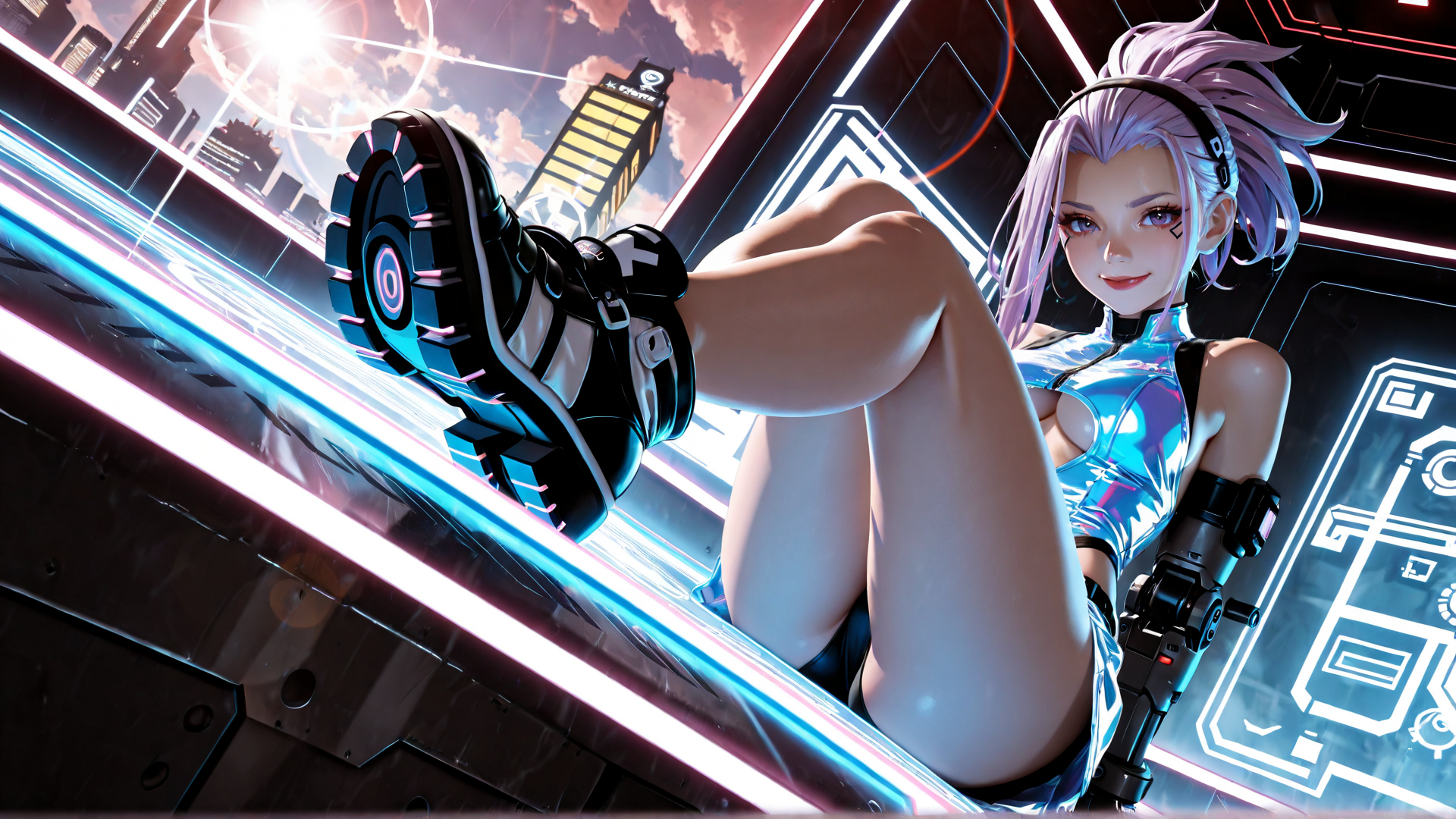 AI generated wallpaper featuring cyborg, woman, futuristic, robotic, legs, shoes, cityscape, neon, gloves, headband