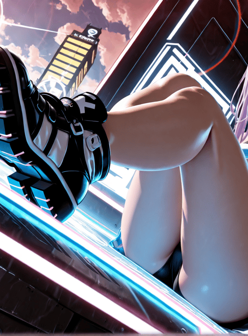 cyborg, woman, futuristic, robotic, legs, shoes, cityscape, neon, gloves, headband