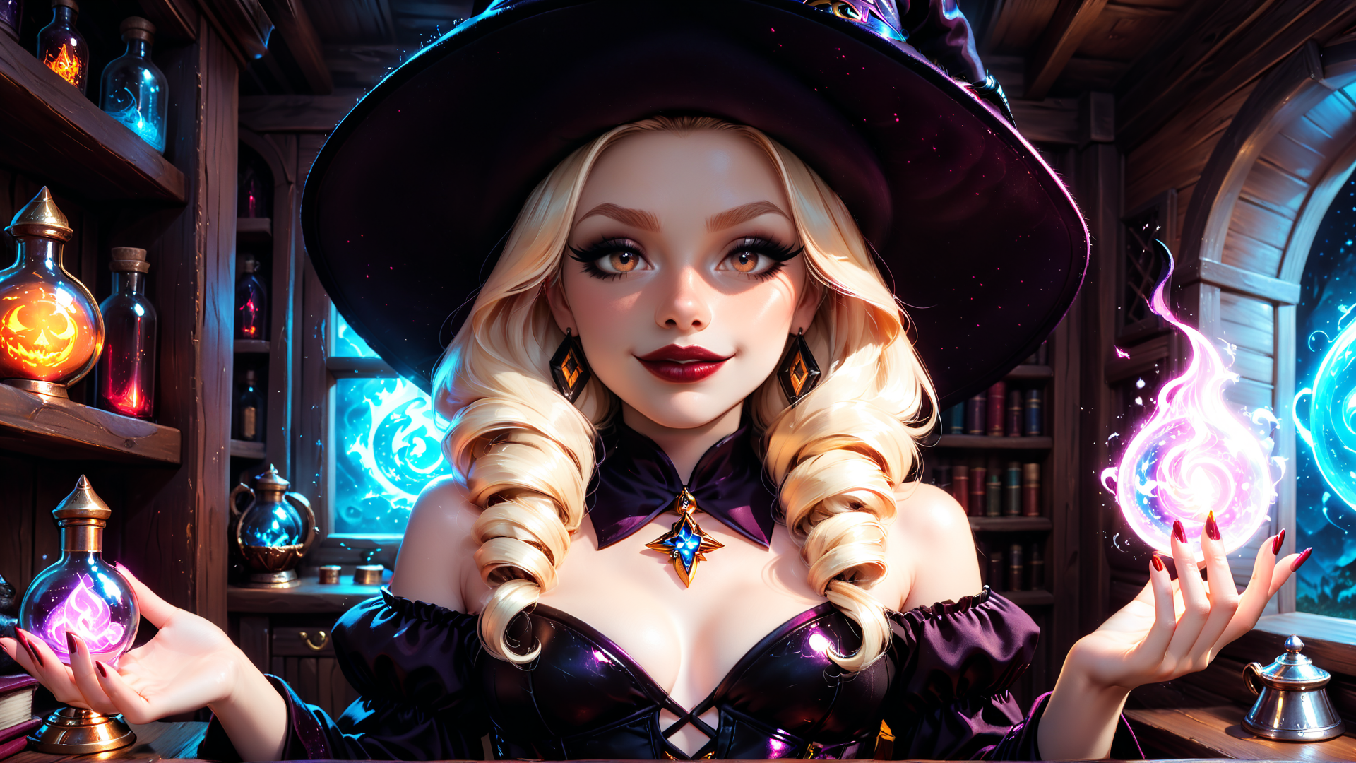 AI generated wallpaper featuring witch, woman, hat, bottles, magic, fire, candle, scroll, book, teapot