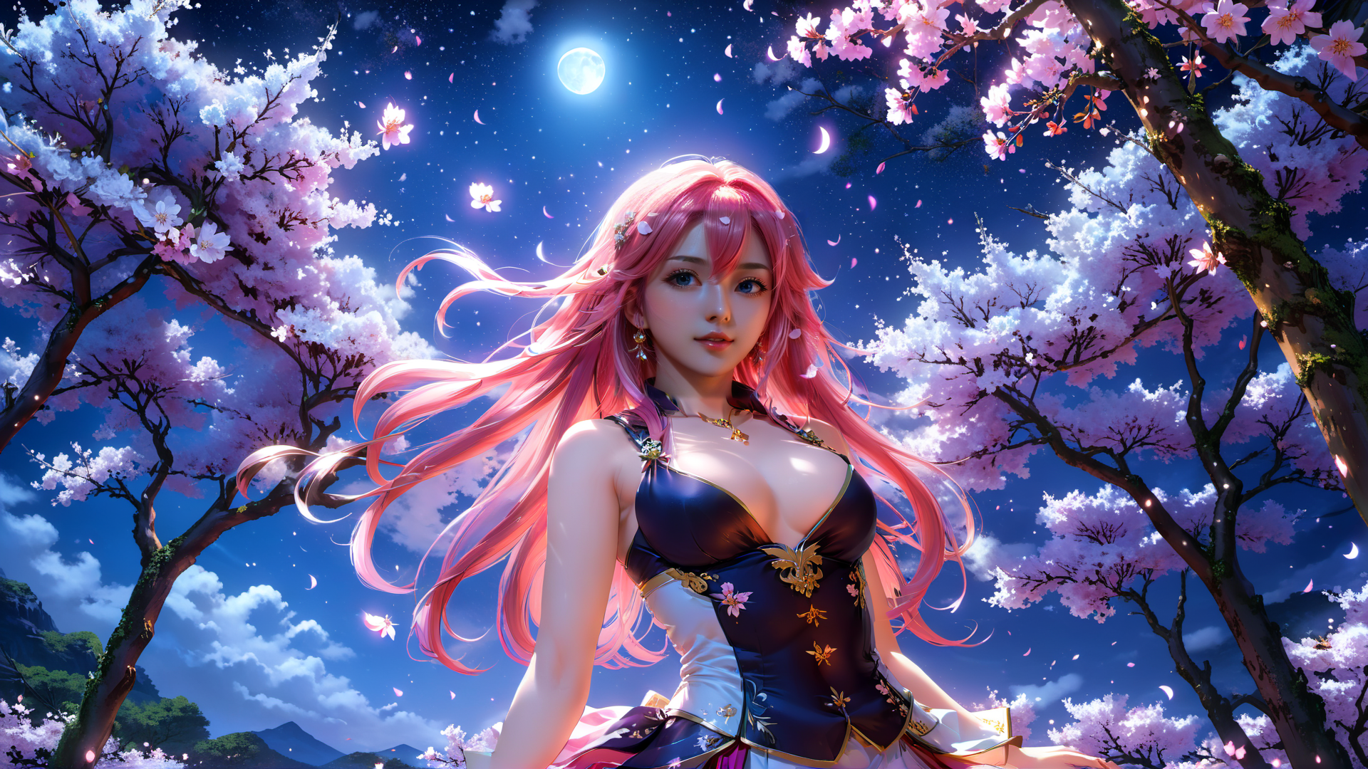 AI generated wallpaper featuring woman, cherry blossom, moon