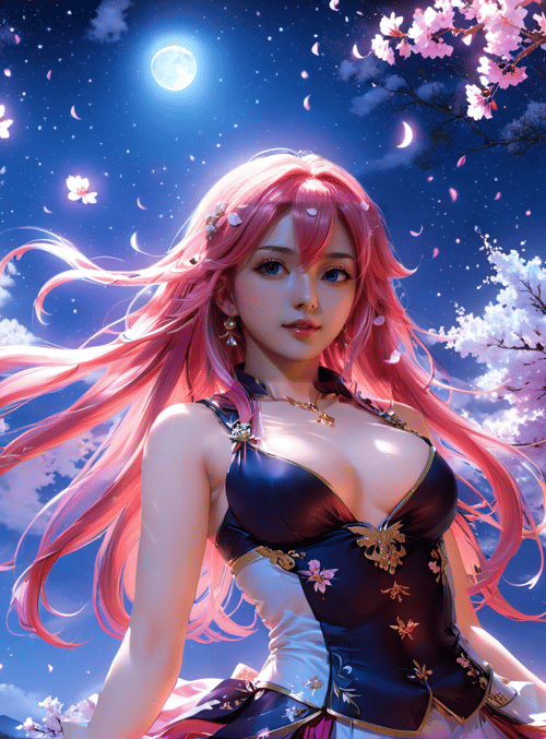 woman, cherry blossom, moon