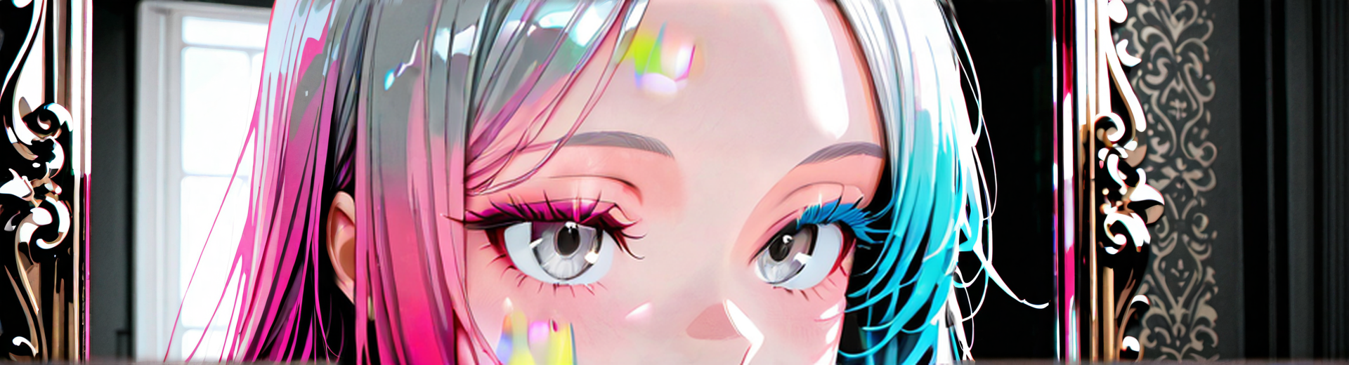 AI generated wallpaper featuring girl, mirror, hair, eyes, frame