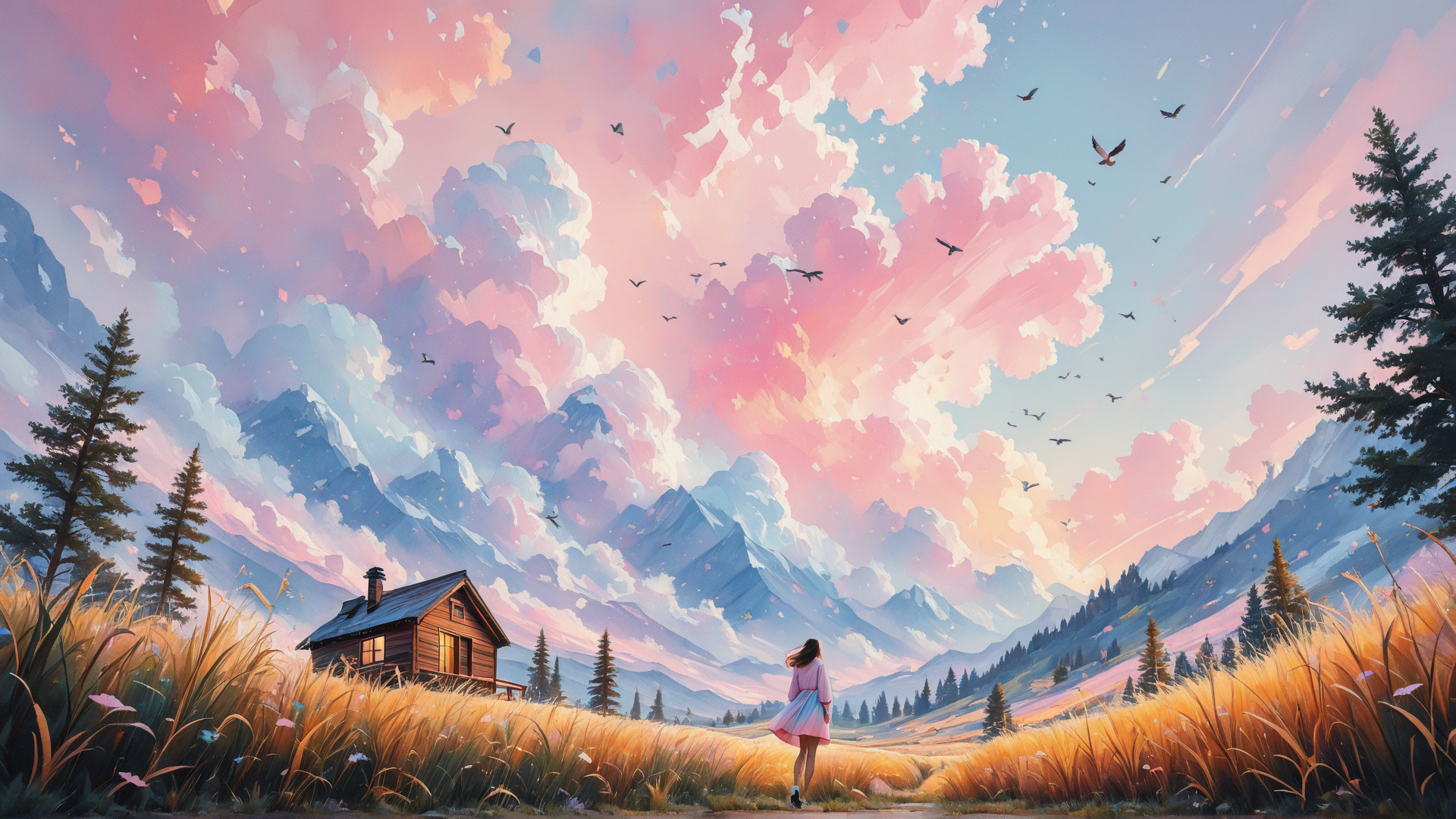 AI generated wallpaper featuring girl, house, mountains