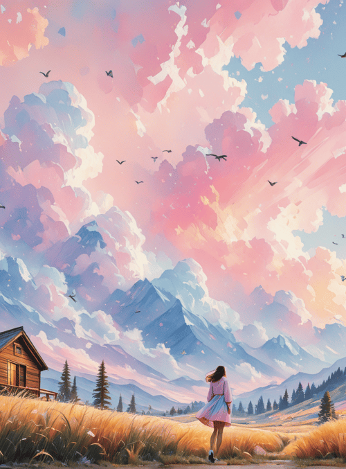 girl, house, mountains