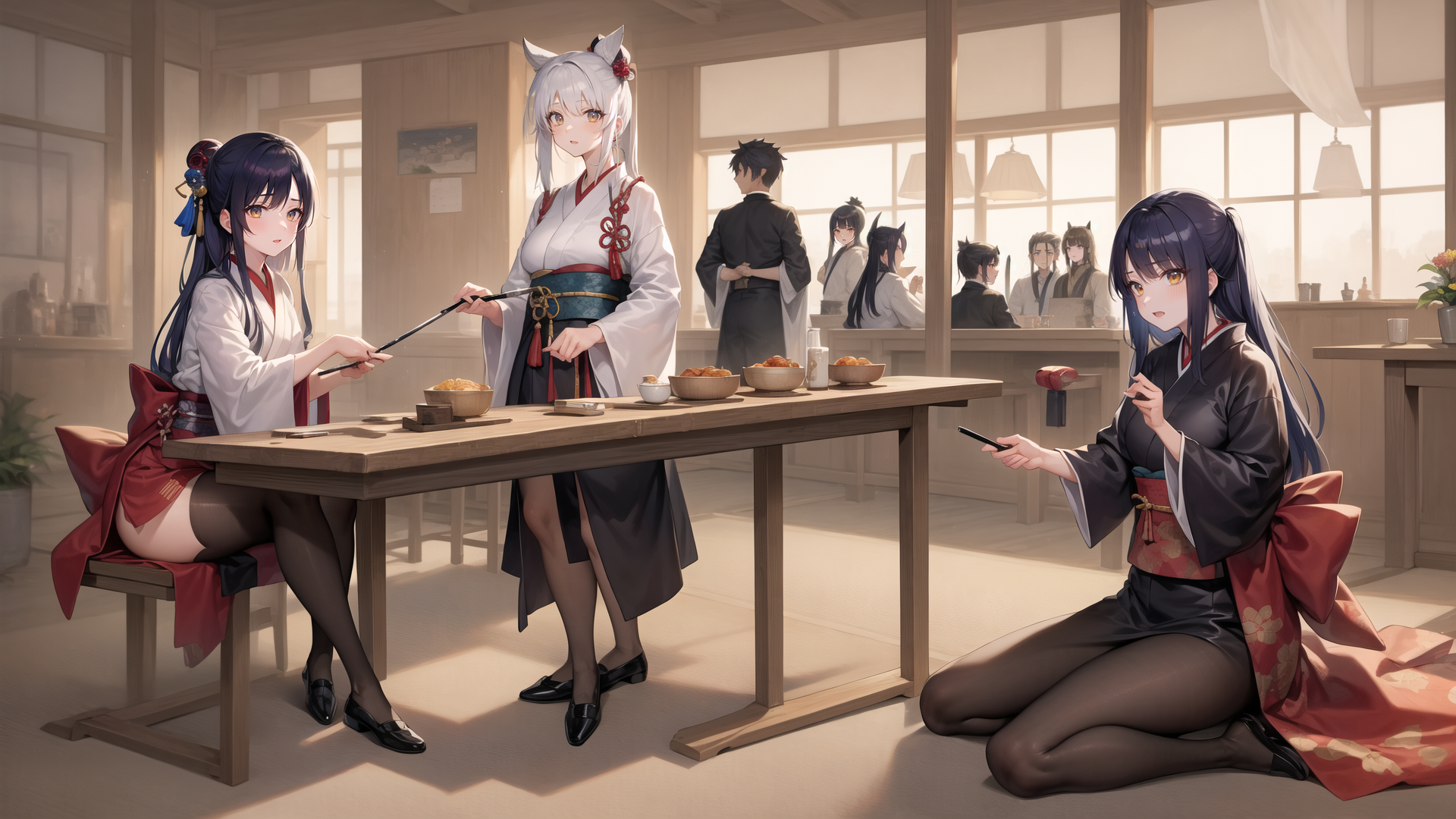 AI generated wallpaper featuring anime characters, women, maid outfit, knee, table, food, cat ears, traditional clothing, hairpins, glasses