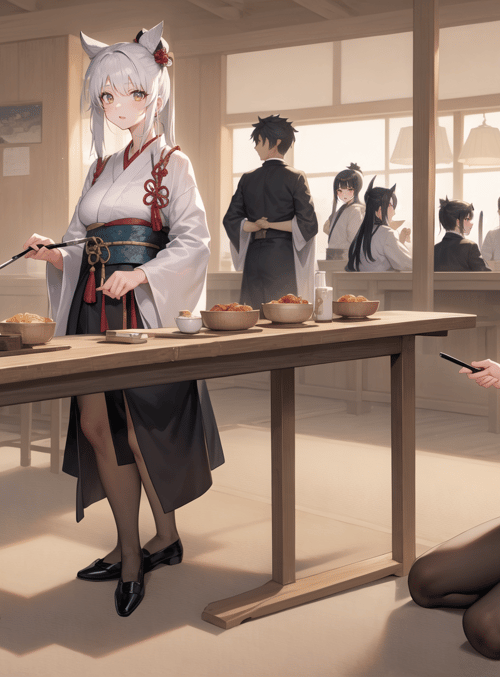 anime characters, women, maid outfit, knee, table, food, cat ears, traditional clothing, hairpins, glasses