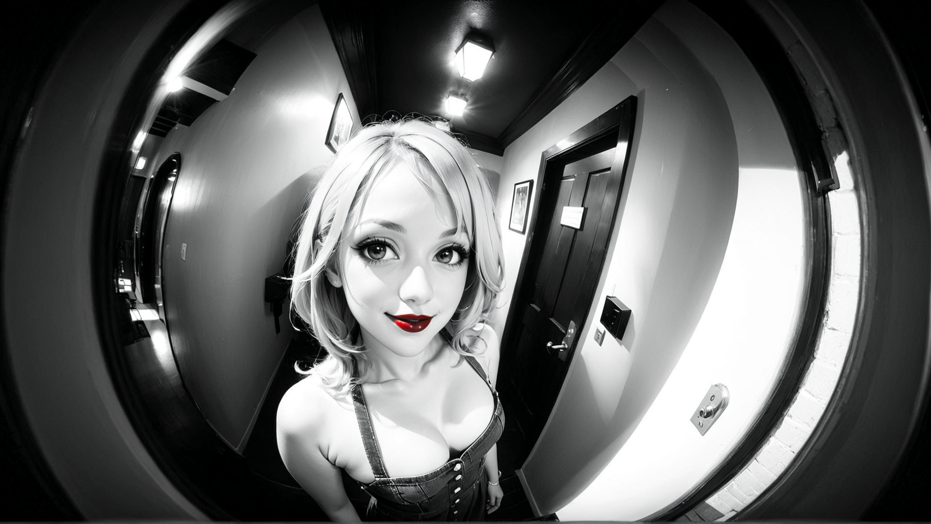 AI generated wallpaper featuring woman, blonde, overalls, doorway, corridor