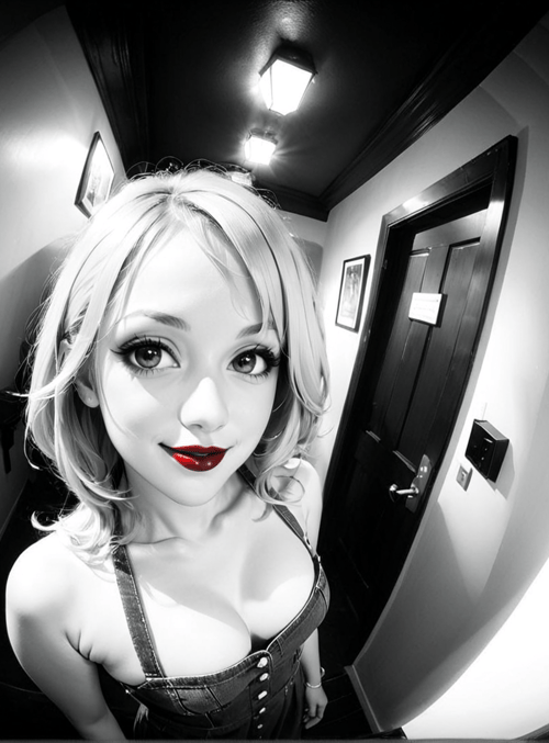 woman, blonde, overalls, doorway, corridor