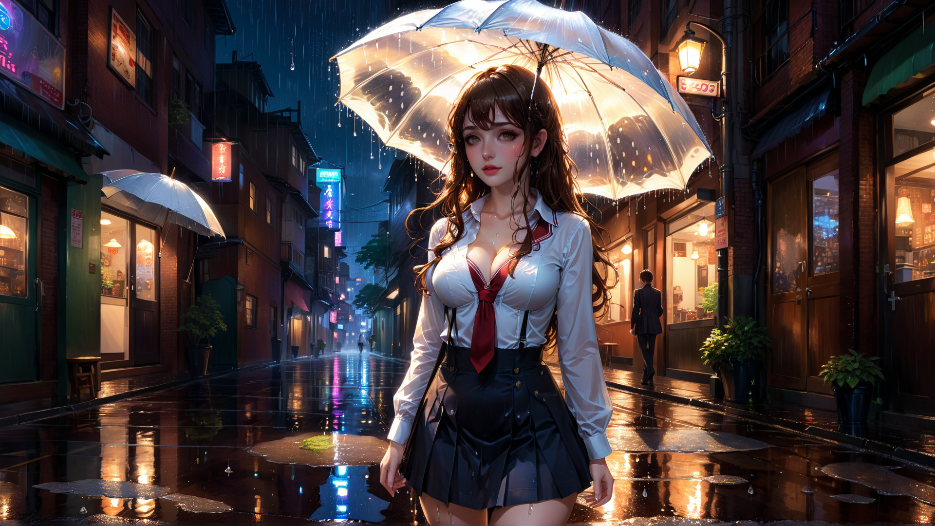 AI generated wallpaper featuring girl, umbrella, street, rain, school uniform, shop, building, neon sign, pavement, light