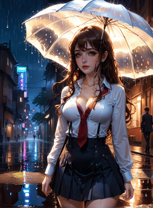 girl, umbrella, street, rain, school uniform, shop, building, neon sign, pavement, light