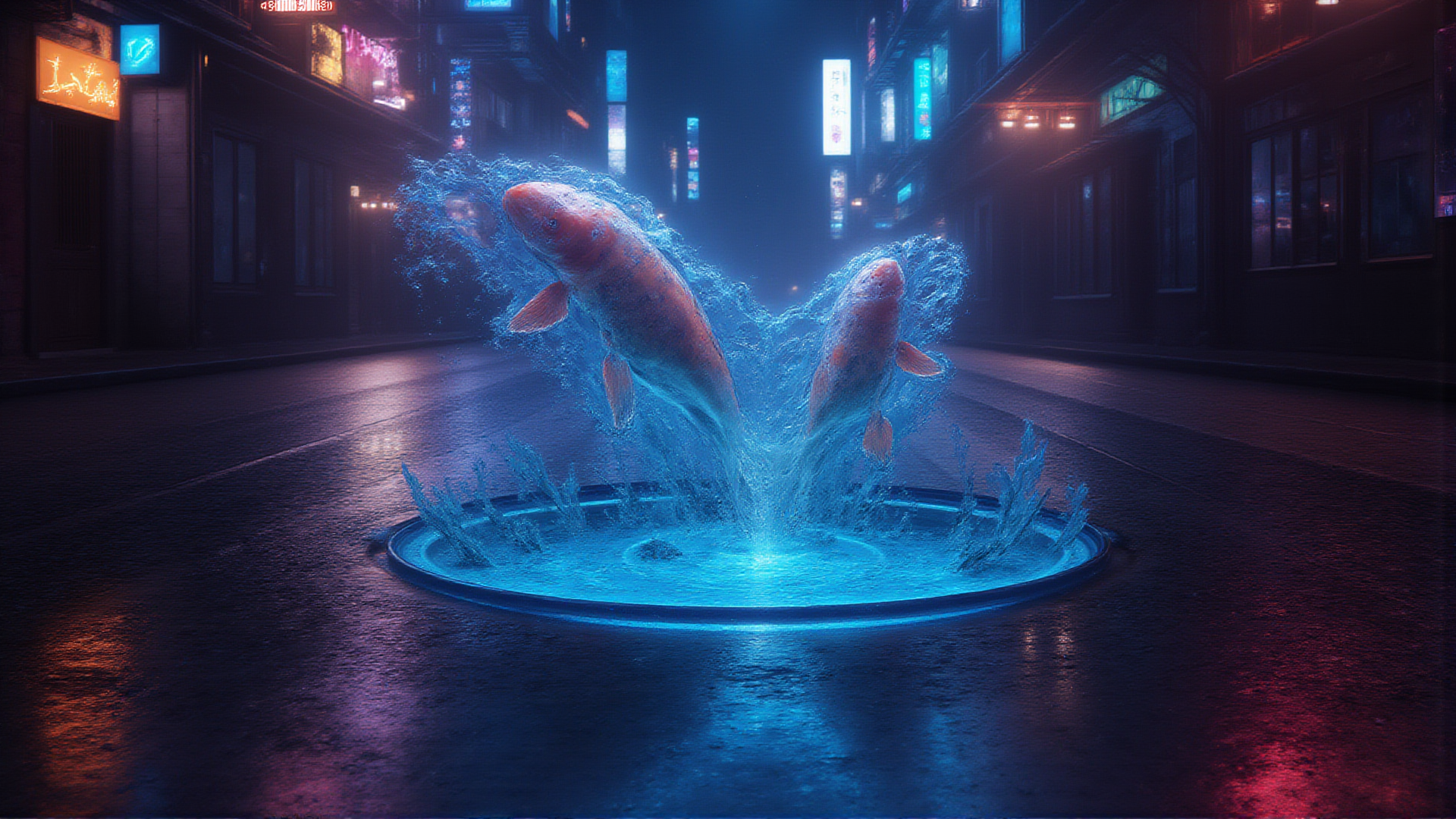 AI generated wallpaper featuring koi fish, fountain, street, neon lights, city