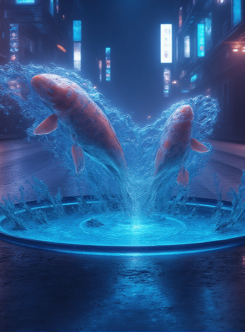 koi fish, fountain, street, neon lights, city