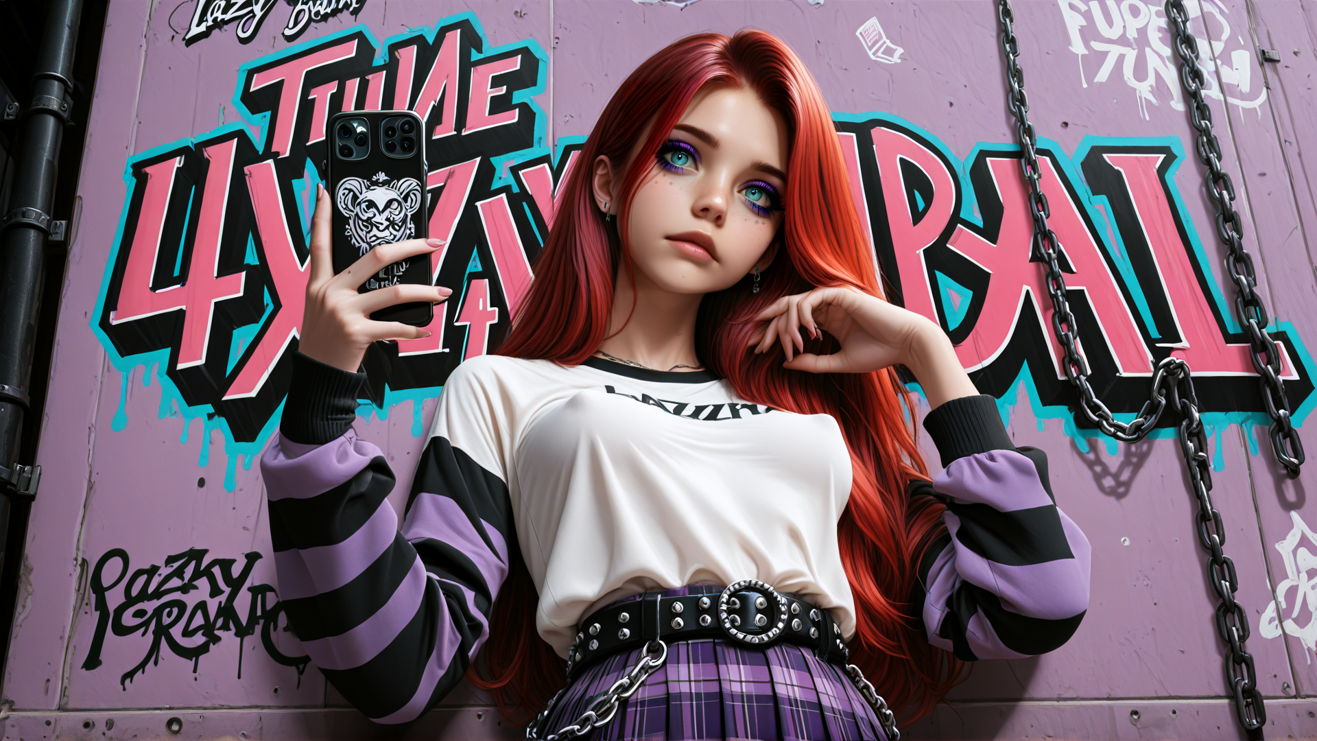 AI generated wallpaper featuring woman, gamer, punk, selfie, graffiti, chain, plaid, sweater, phone, belt