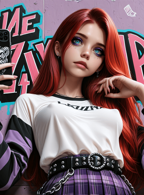 woman, gamer, punk, selfie, graffiti, chain, plaid, sweater, phone, belt