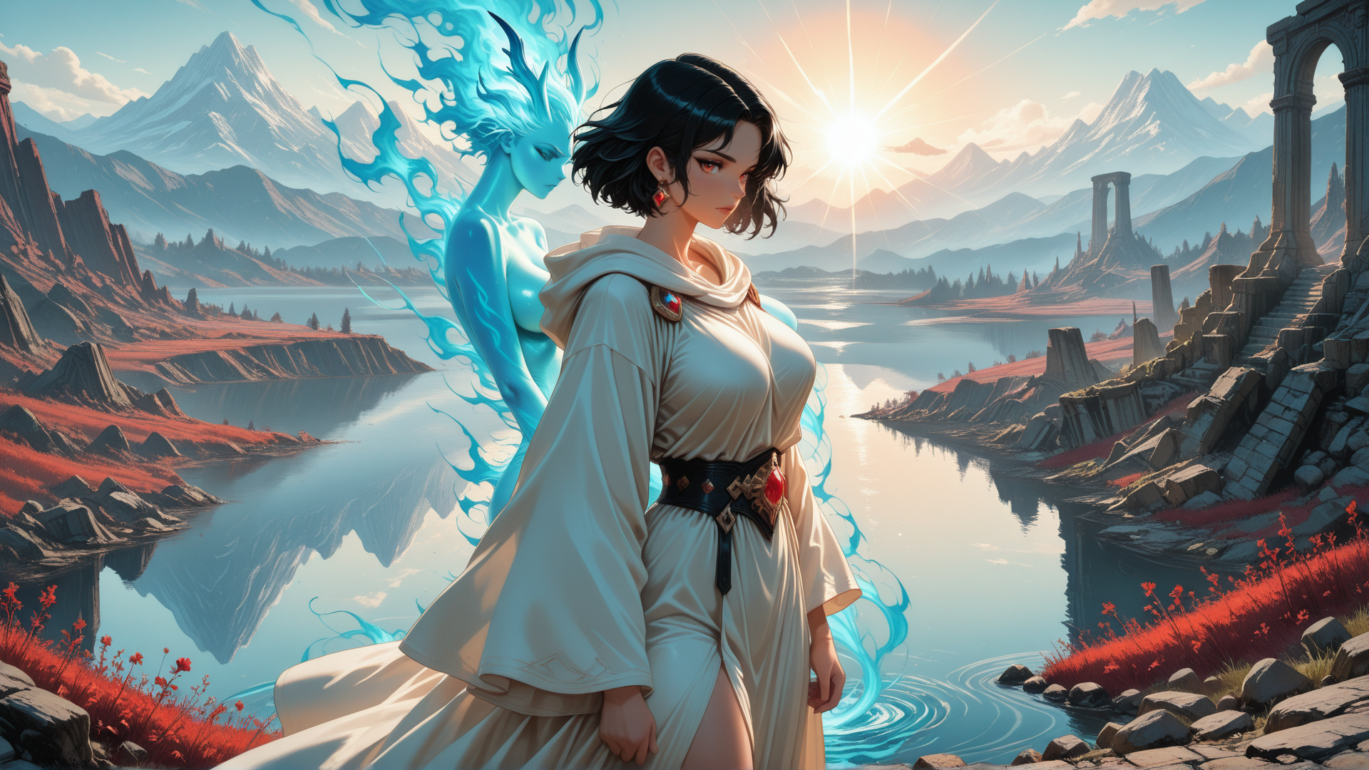 AI generated wallpaper featuring woman, spirit, mountains, lake, ruins