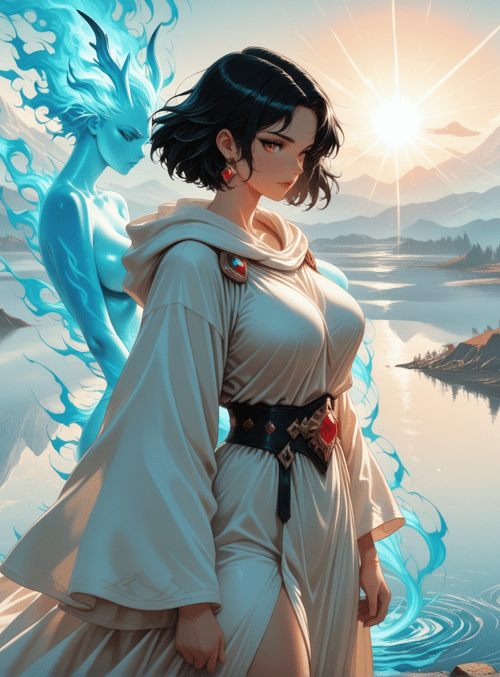 woman, spirit, mountains, lake, ruins