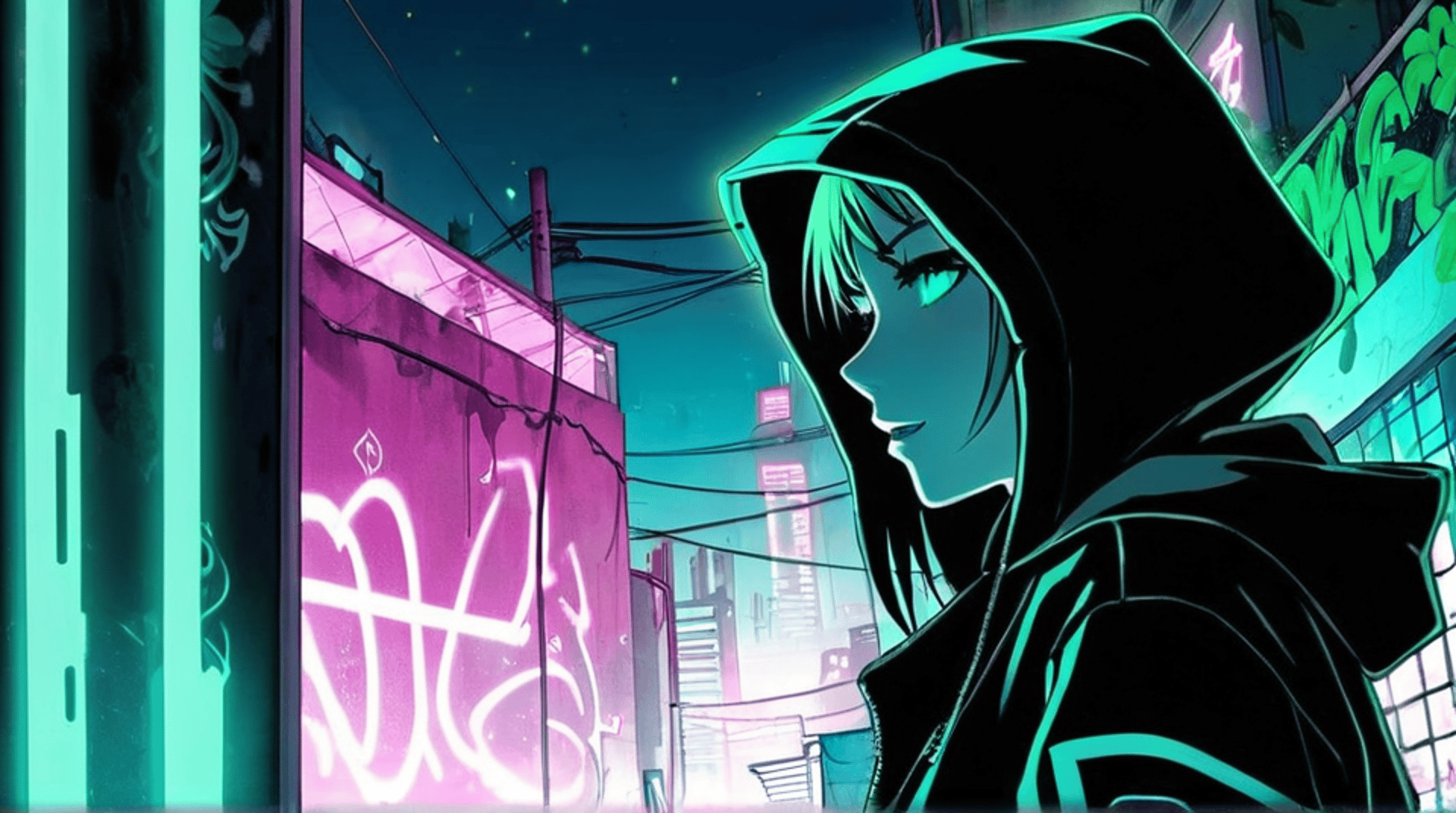 AI generated wallpaper featuring girl, hoodie, city