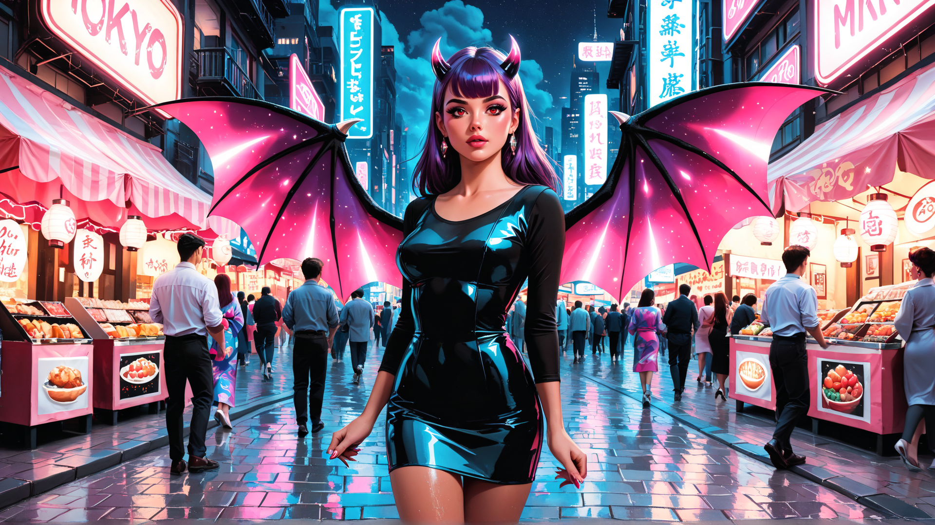 AI generated wallpaper featuring woman, devil, street, market, city