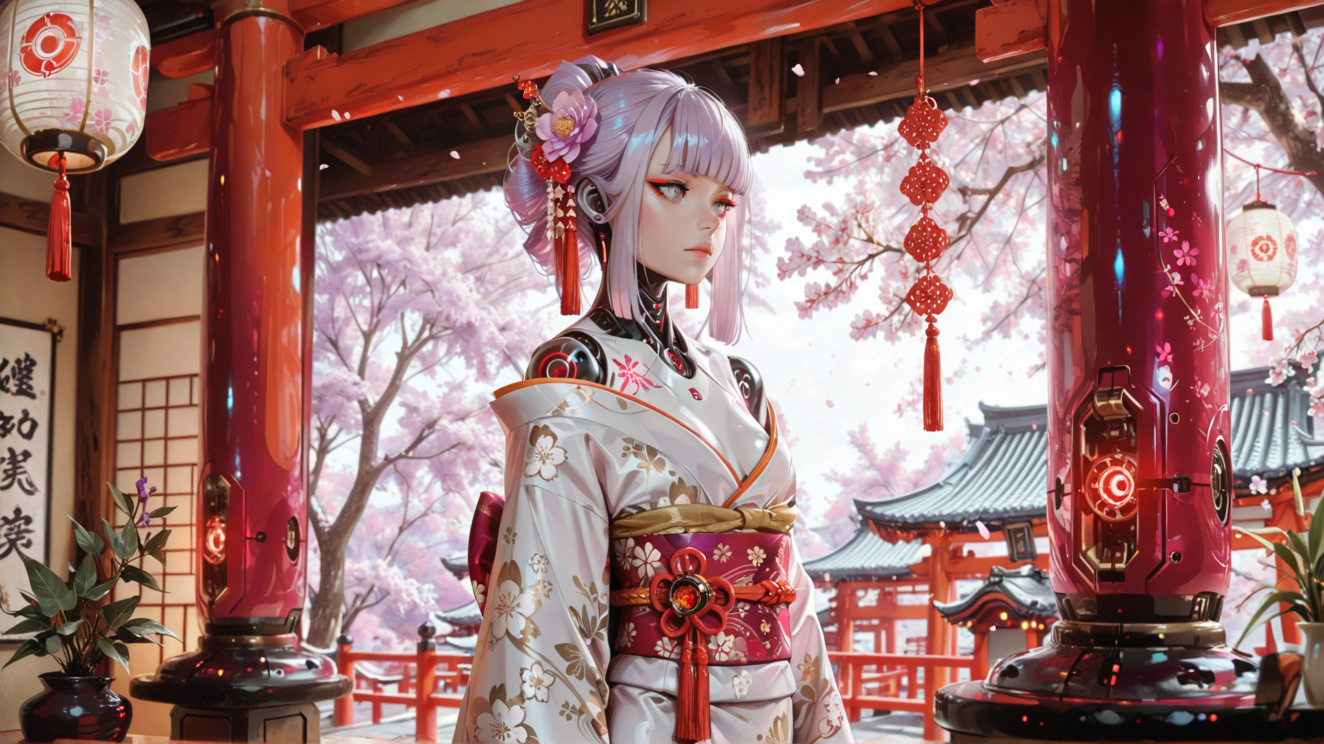 AI generated wallpaper featuring cyberpunk, anime, girl, kimono, cherry blossom, lantern, robot, traditional, architecture, futuristic