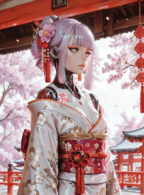 cyberpunk, anime, girl, kimono, cherry blossom, lantern, robot, traditional, architecture, futuristic