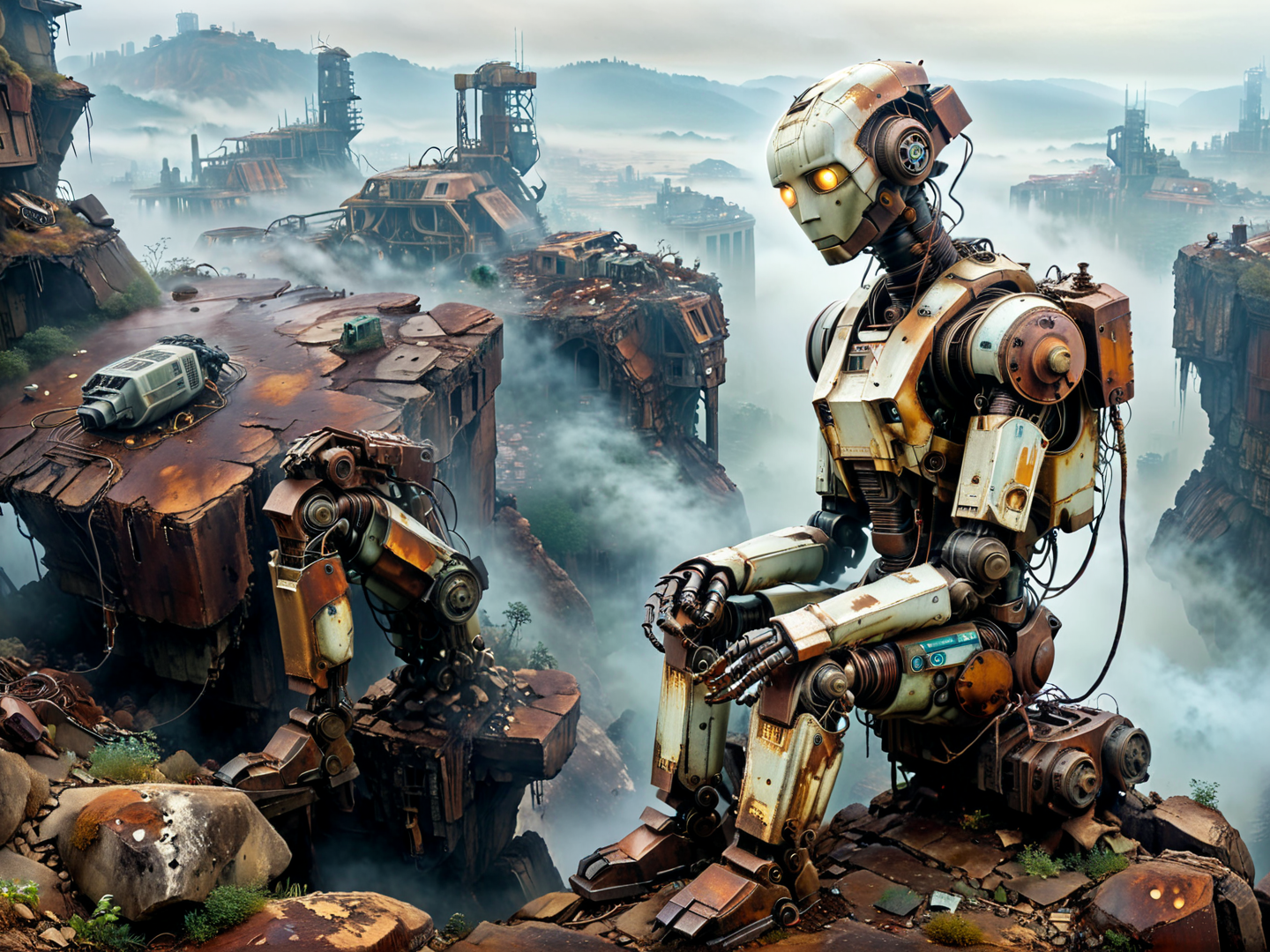 AI generated wallpaper featuring robot, ruins, mechanical, cityscape, fog, cliff, metal, debris, wreckage, structure