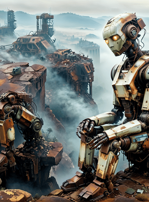 robot, ruins, mechanical, cityscape, fog, cliff, metal, debris, wreckage, structure