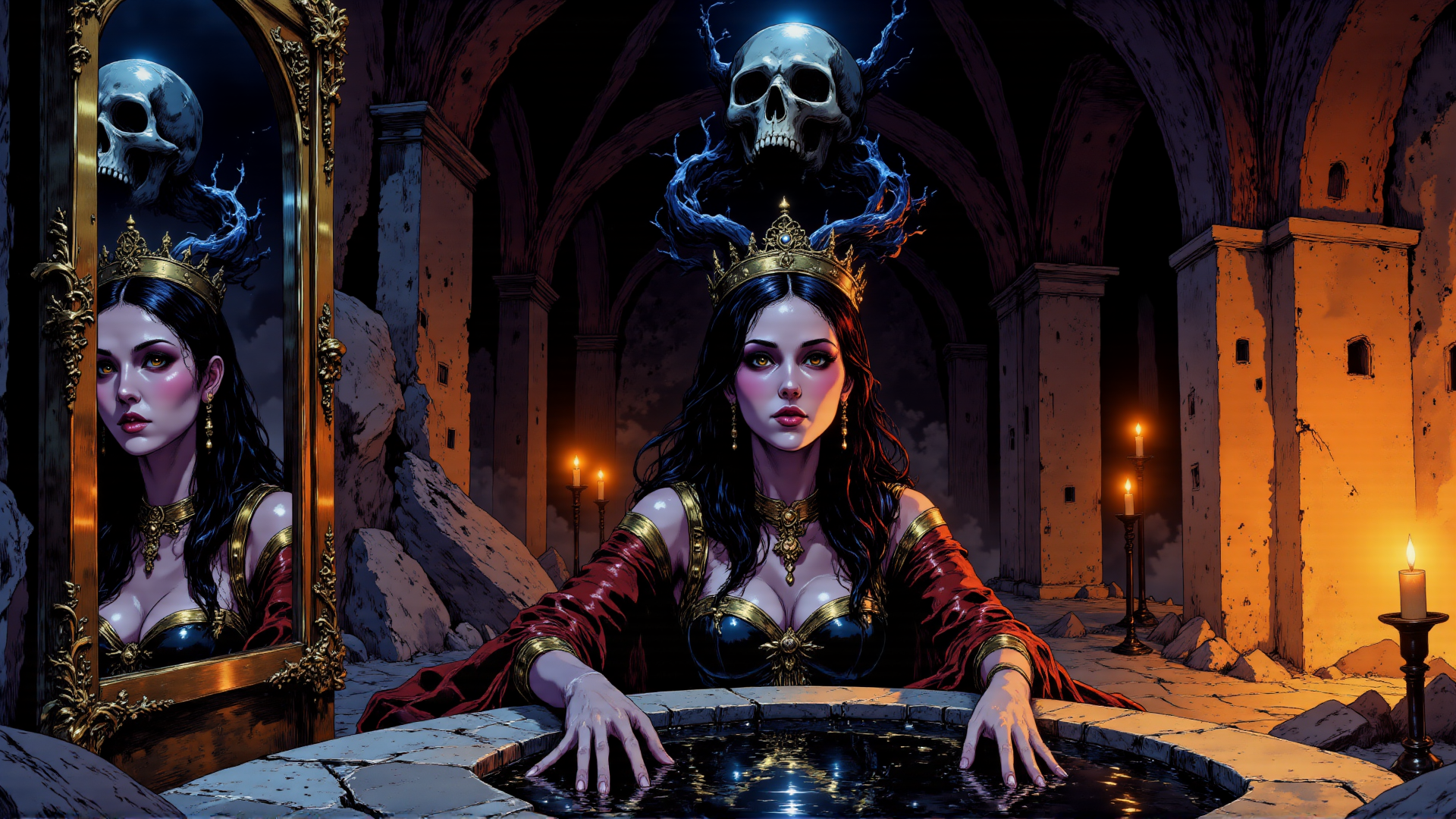 AI generated wallpaper featuring queen, skull, mirror, candle, pool, castle, gown, tiara, eardrops, arches