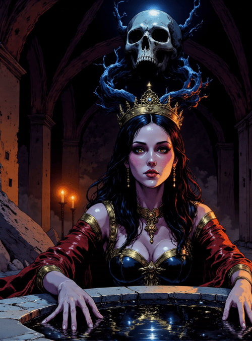 queen, skull, mirror, candle, pool, castle, gown, tiara, eardrops, arches