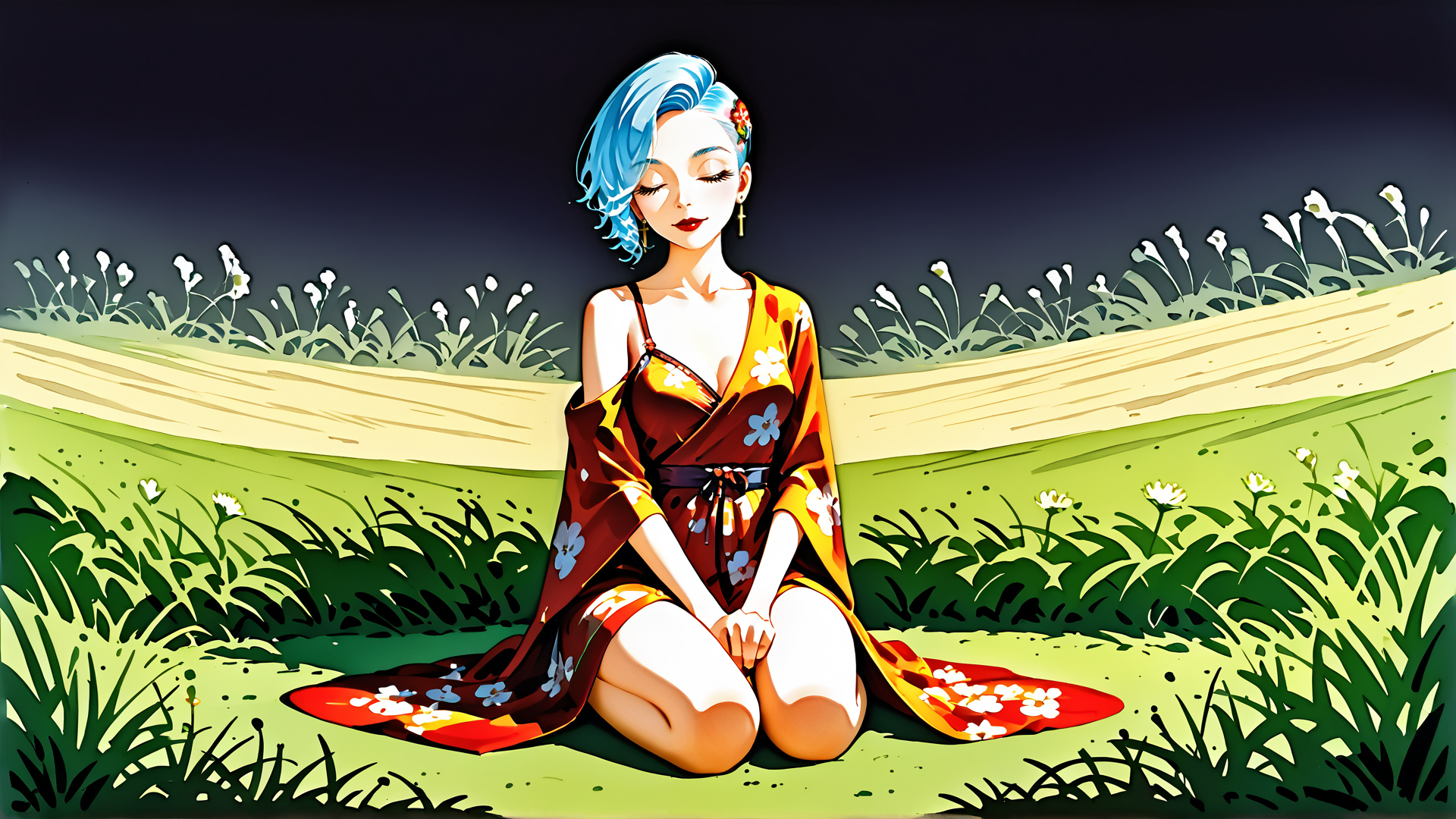 AI generated wallpaper featuring woman, dress, flowers, grass, field, hair, earring, kimono, sitting, field