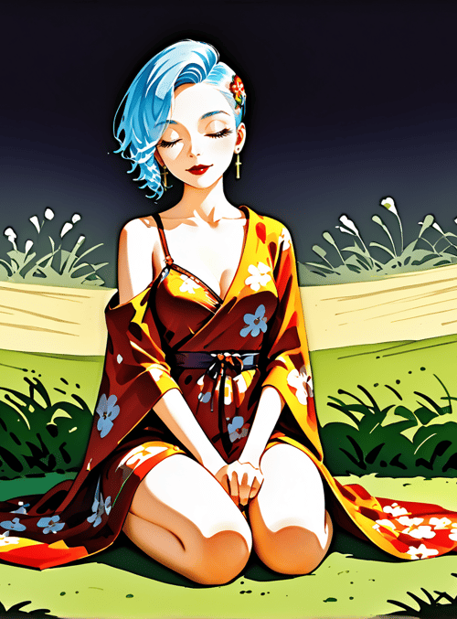 woman, dress, flowers, grass, field, hair, earring, kimono, sitting, field