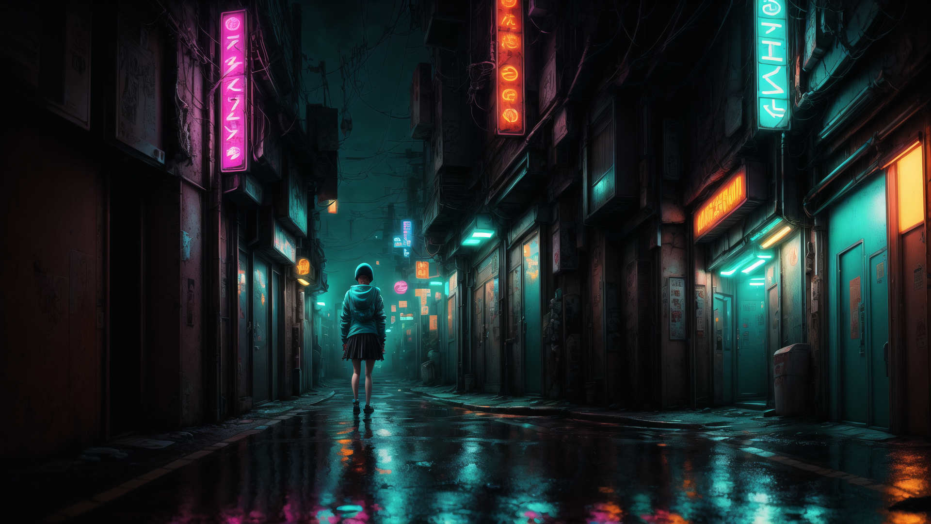 AI generated wallpaper featuring person, alleyway, neon signs