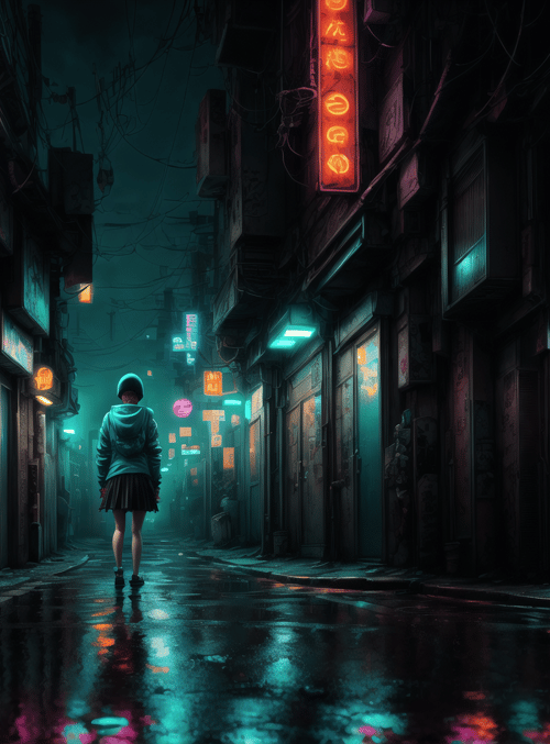 person, alleyway, neon signs
