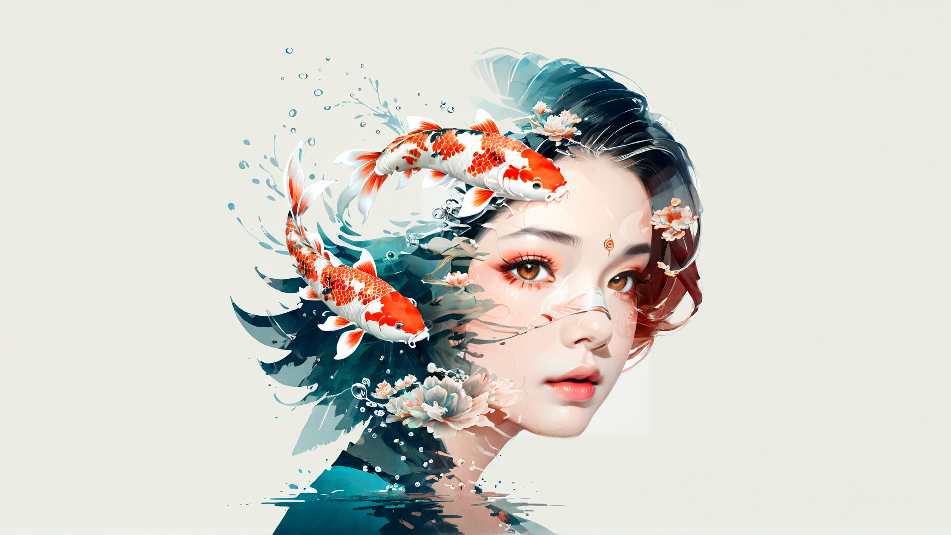AI generated wallpaper featuring woman, koi fish, flowers, water, bubbles, ink, feathers, jewelry, scales, blossom