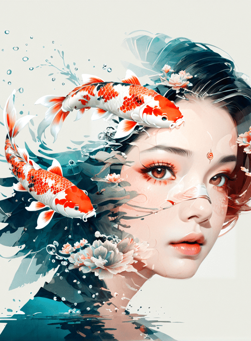 woman, koi fish, flowers, water, bubbles, ink, feathers, jewelry, scales, blossom