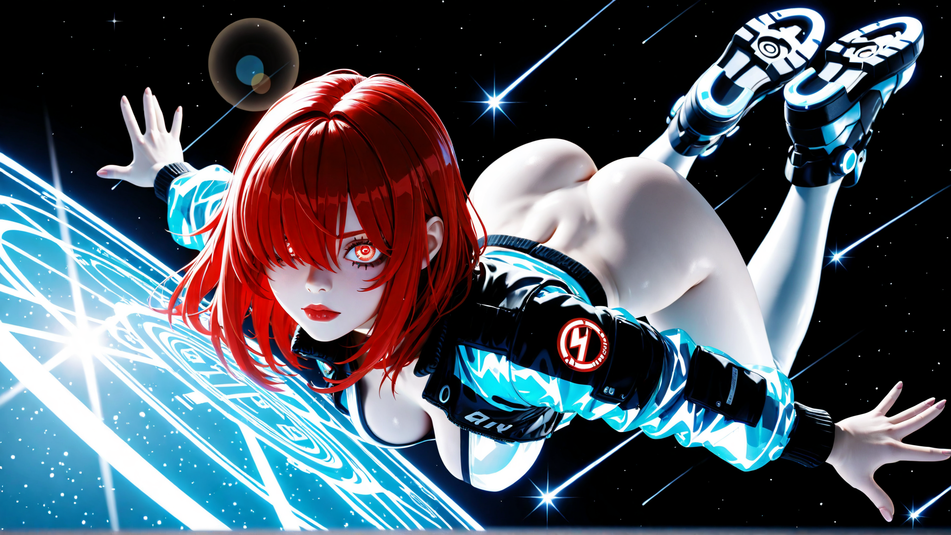 AI generated wallpaper featuring anime girl, space, cyberpunk, futuristic, robotic boots, glowing trails, neon, astronaut, red hair, digital art