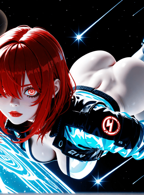 anime girl, space, cyberpunk, futuristic, robotic boots, glowing trails, neon, astronaut, red hair, digital art