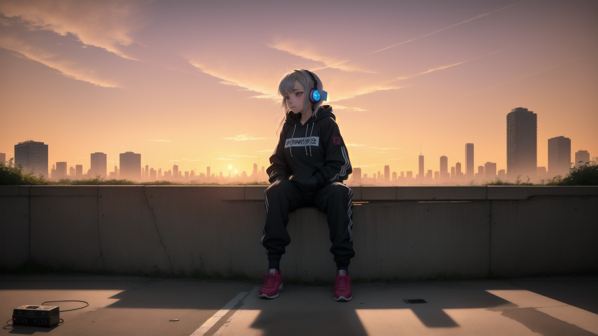 AI generated wallpaper featuring girl, cityscape, headphones